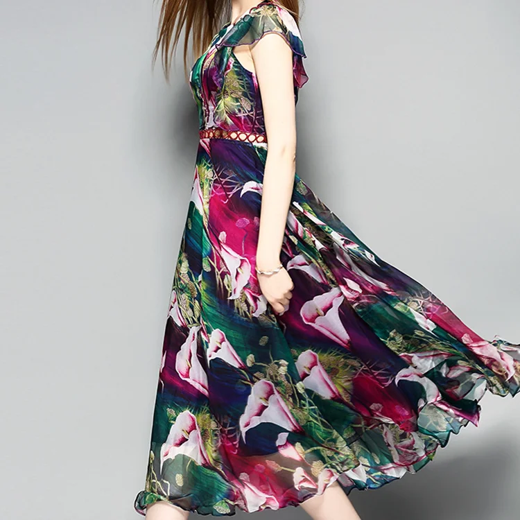 
Yihao Wholesale Woman Chiffon Flare Dress Ladies Big Size European Fashion Casual Floral Print Maxi Dresses 