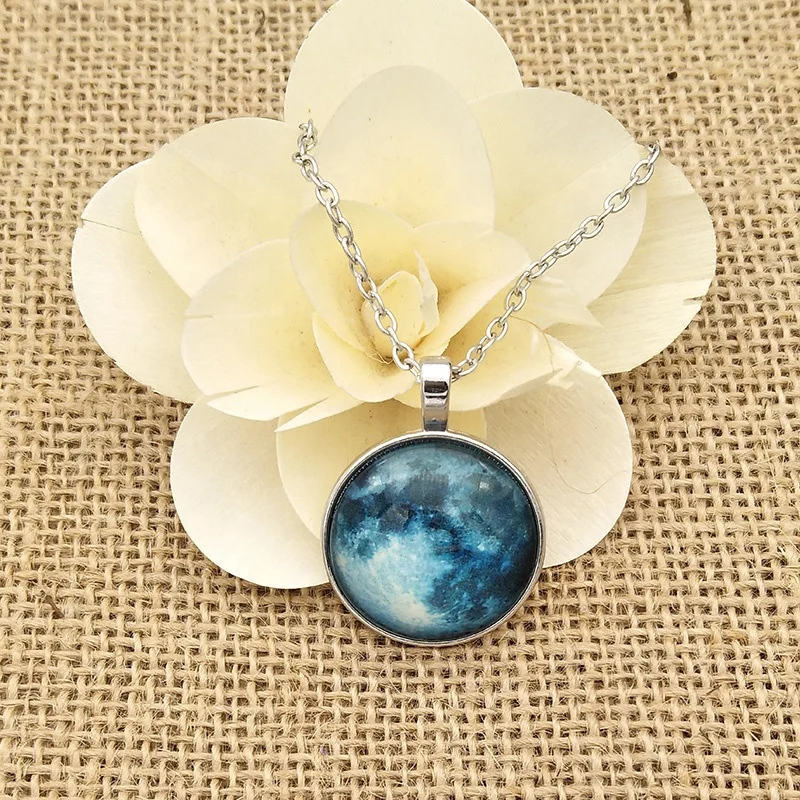 blue full shaped pendant silver moon glow necklace