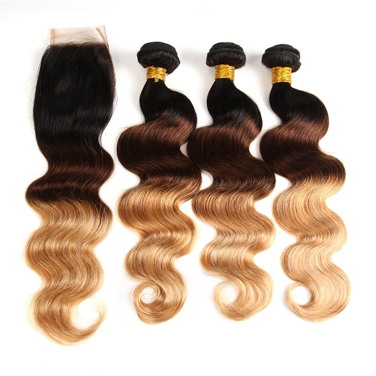 Factory Wholesale Fast Shipping Full Cuticle 100% Virgin Brazilian Ombre Hair Bundles With Lace Closure