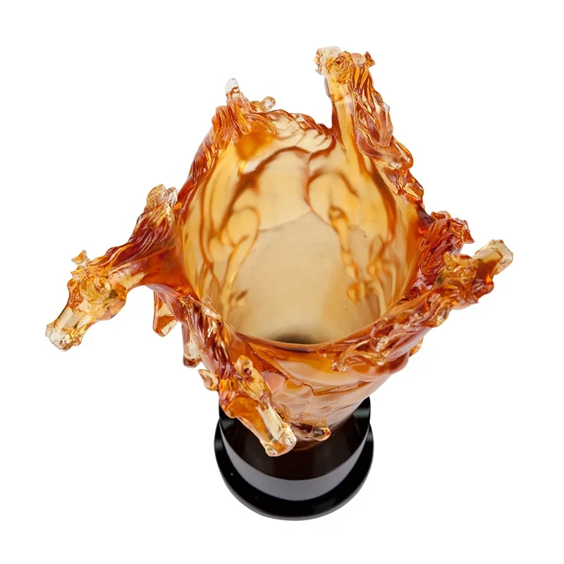 Premium gift horse art glass trophy pate de verre crystal trophy cup