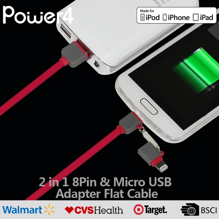 
High quality Micro usb 8pin USB 2 in 1 Sync Data Charger electric Cable for iPhone iPad iOS For Samsung HTC Android 