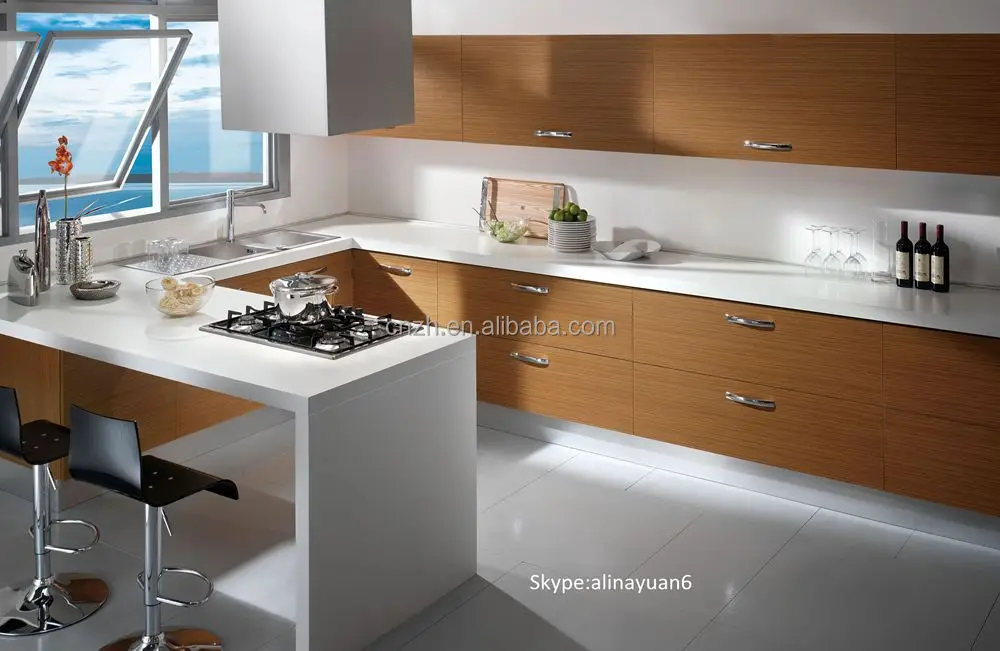Wood Grain Melamine Kitchen Cabinet with White Quartz Stone Countertop