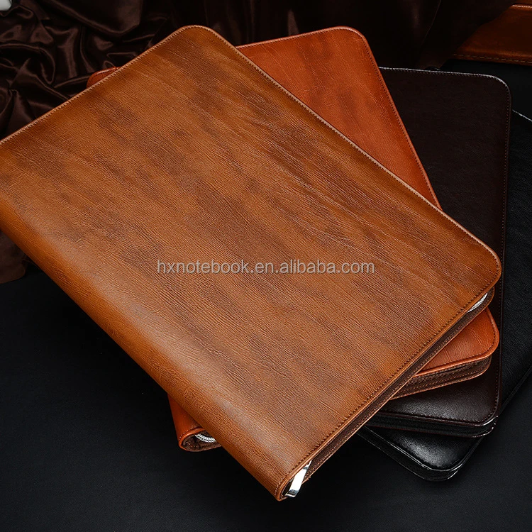
New Style Multi A4 Zipper Portfolio Organizer pu leather Compendium With 4 Ring Binder file folder with LOGO embossed 