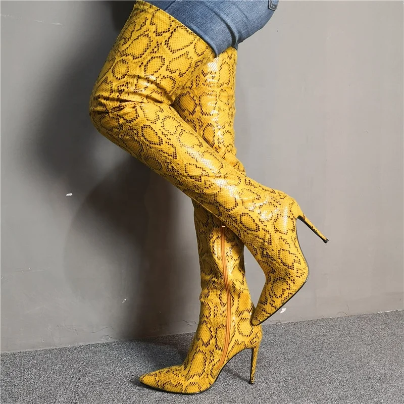 Пикантные модные заостренные туфли на шпильке на очень высоком каблуке выше колена женские длинные сапоги из змеиной кожи