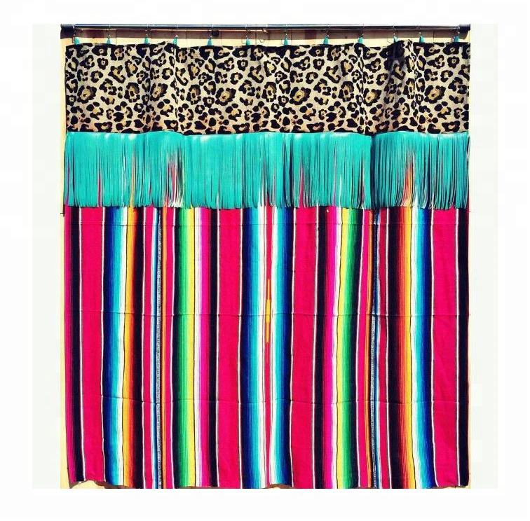 JUNSHI Personalized Serape Leopard Tassel Shower Curtains Rainbow Fringe Shower Curtains