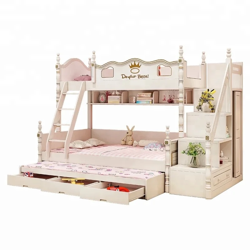 Двухъярусная кровать с горкой дешевая детская мебель белый американский стиль A88