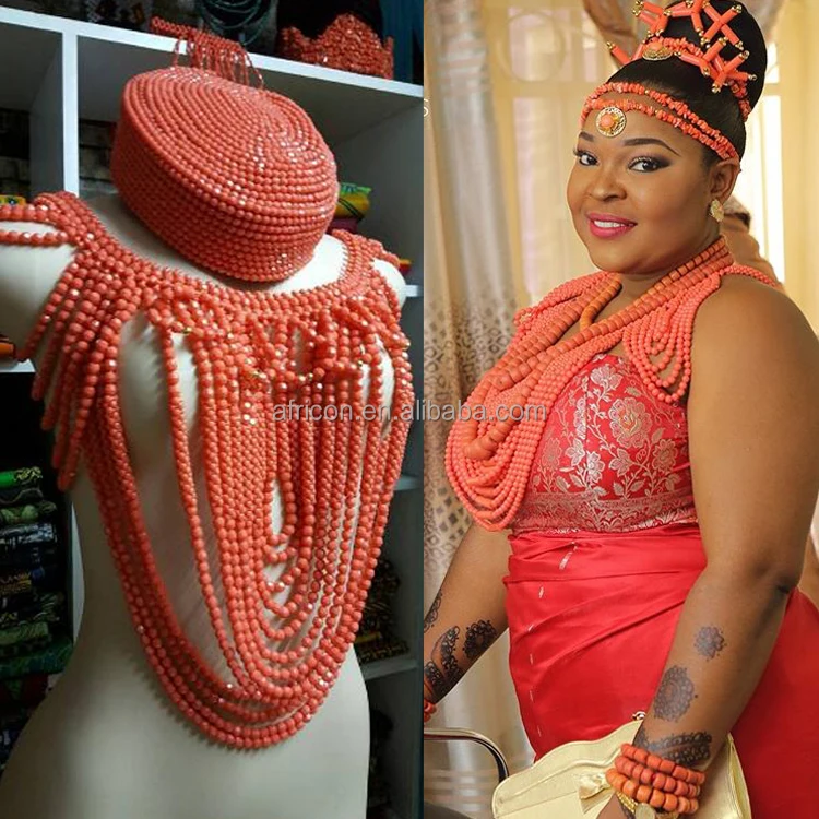 Queency Fancy Orange Coral Beads Crown Dubai Necklace Jewelry Beads Indian Bridal Orange Jewellery Set Wholesale