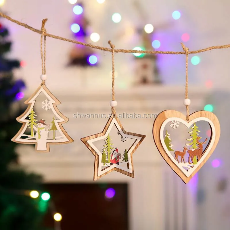 Wanuocraft 3D Love Heart Shape Christmas Tree Hanging Ornaments Decorations Wooden Pendant Tags For Wedding Festival