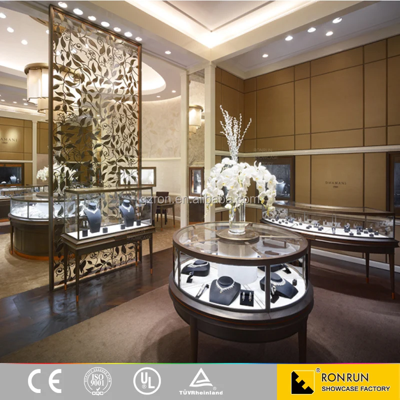 Modern design jewelry store furniture manufacturing round stainless steel jewelry display showcase cabinet for sales