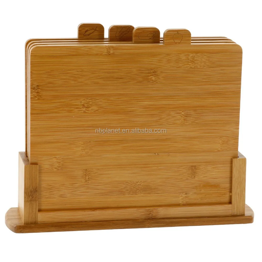 Bamboo Cutting Boards- Four All Natural Index Chopping Board Set with Non-Slip Base