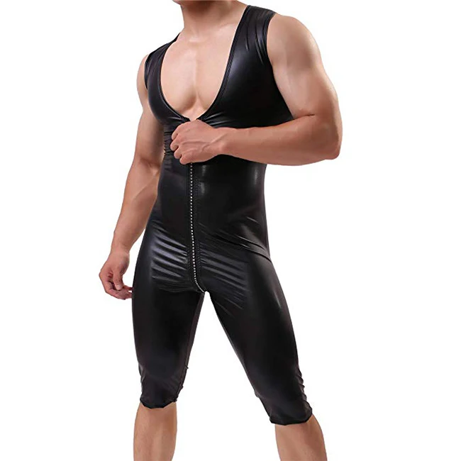 Mens Sexy PVC Leather short sleeves Catsuit Bodysuits Jumpsuit Black male Romper Adult Men