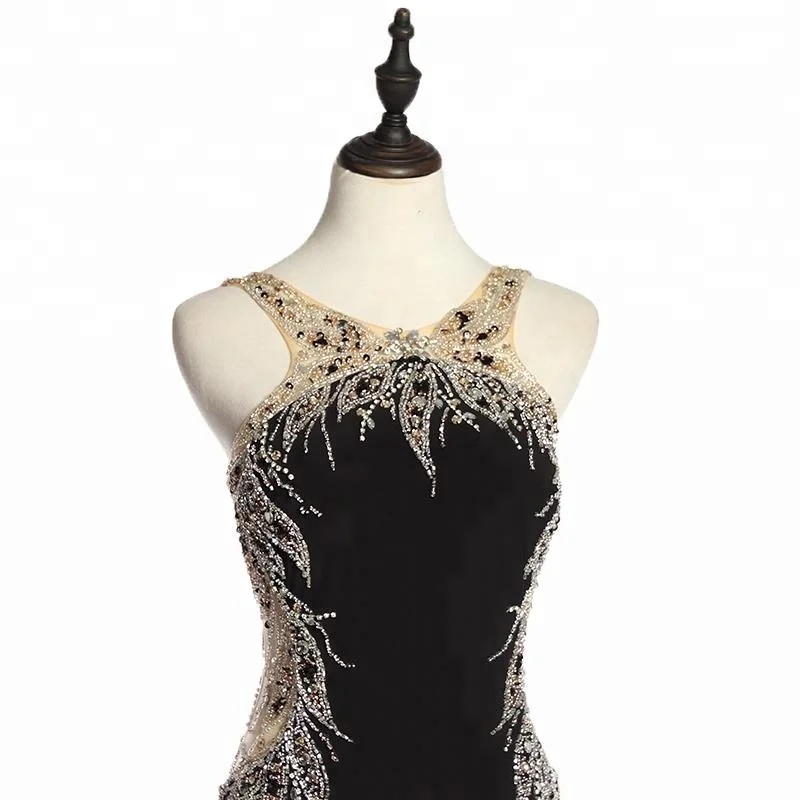 Round neckline backless ceremony wear sexy long black velvet evening dress