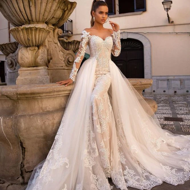 Lace Sexy Mermaid Wedding dress African Bridal Gowns Vestido de noiva Brand  Bridal dress with  Detachable Train Skirt
