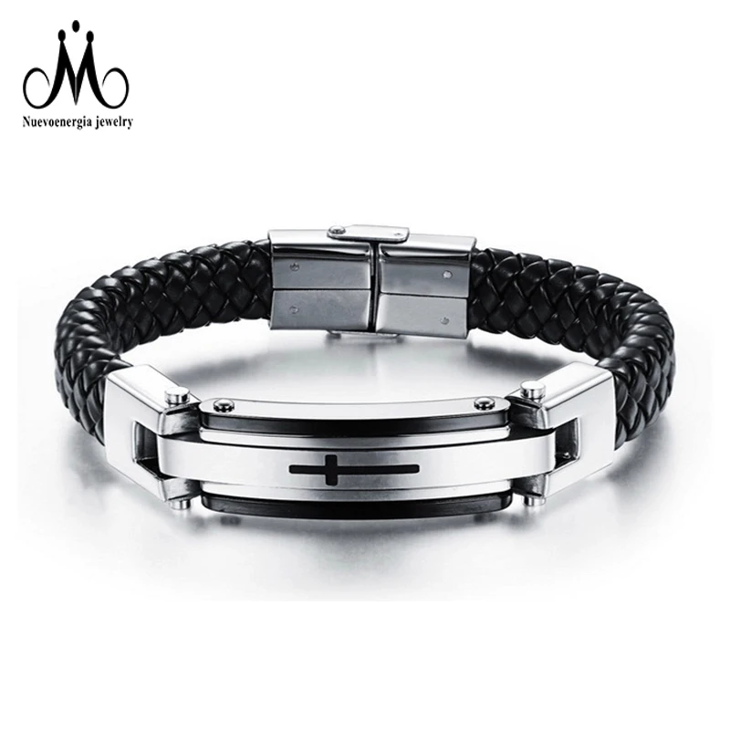 Holy Jesus Cross Braid Leather Bracelet Black Side Edge Bracelet For Sale