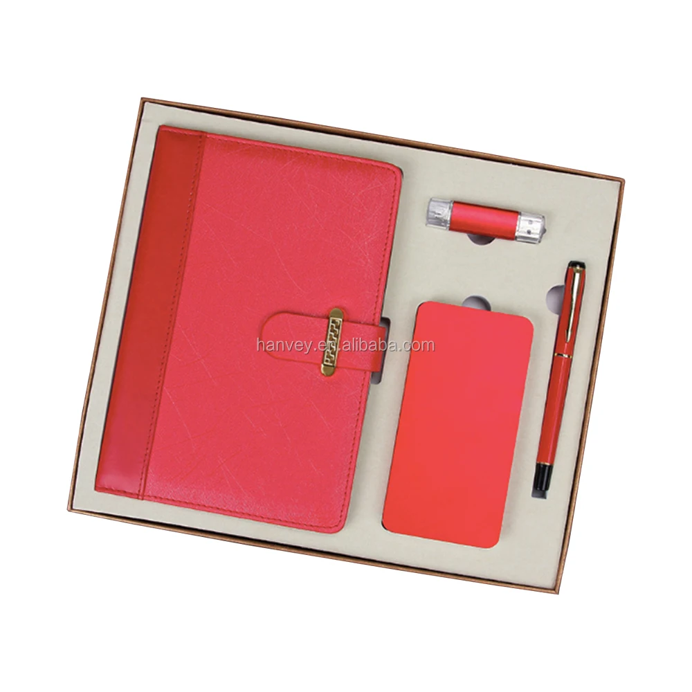 Factory price wholesale promotion luxury custom A5 notebook, pen, power bank and usb flash drive business corporate gift set