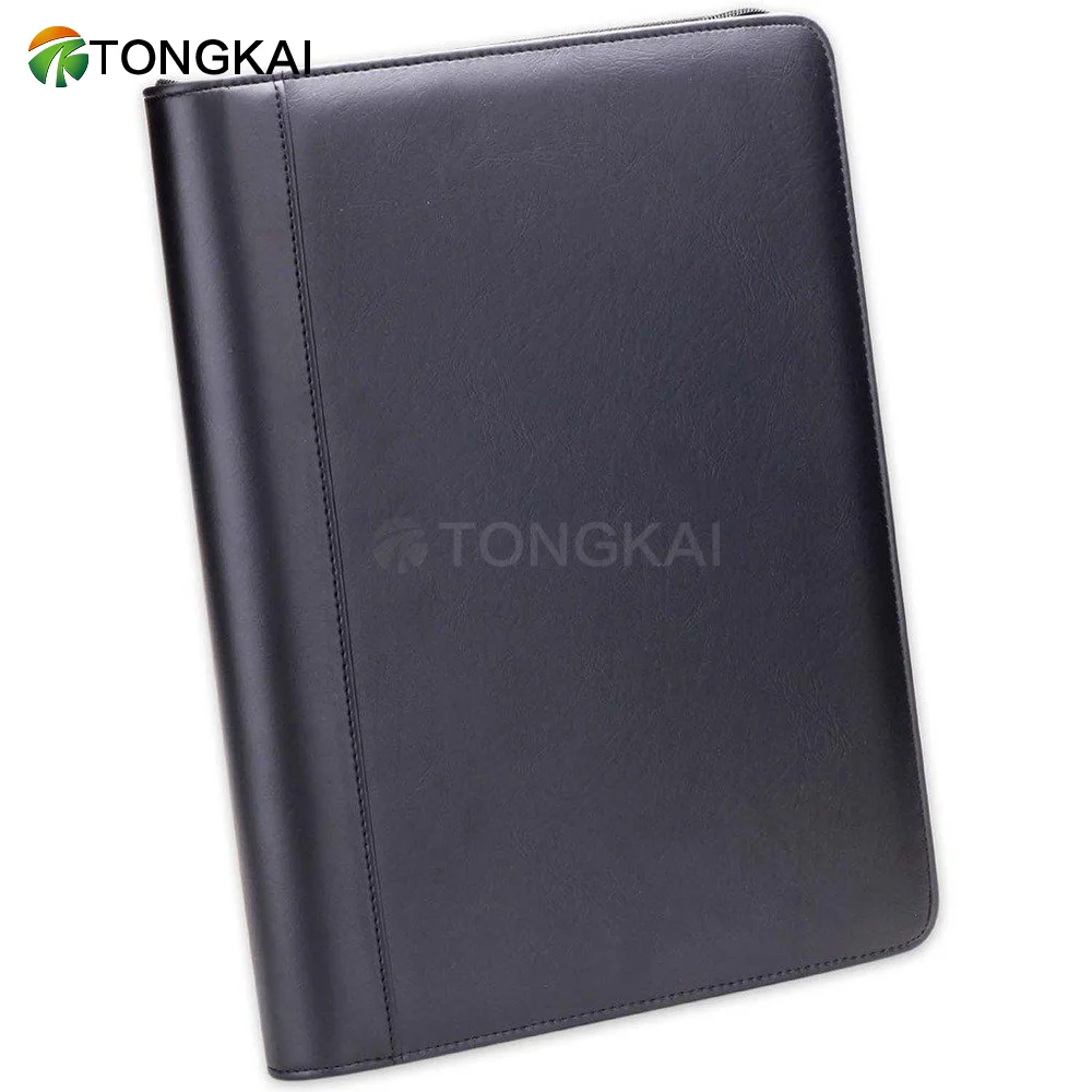 Custom Executive Padfolio - A4 Zippered Black PU Leather Conference Document Holder Organizer Portfolio With  Notepad
