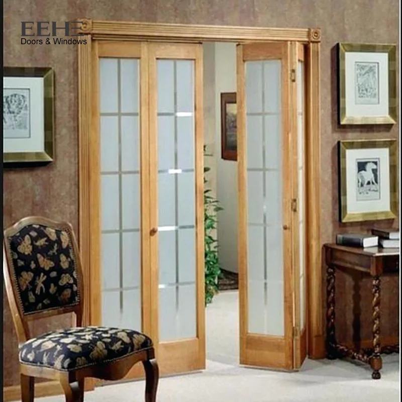 Hot wooden folding doors Bifoldingstyle solid wood doors preferential glass design accordion doors interior