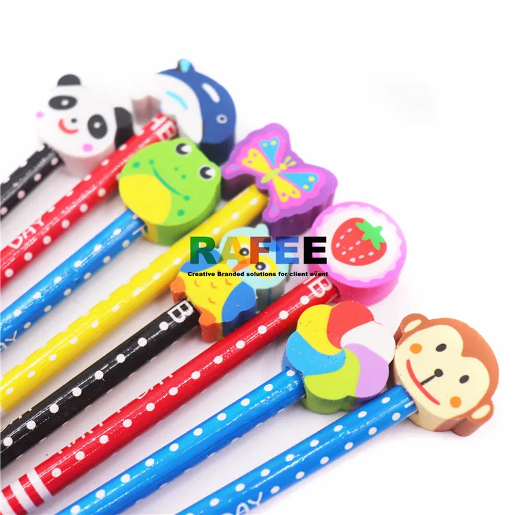 Office School Supplies Students Children Gift  Colorful Stripe Wooden Pencil With DIY Detachable Novelty Cartoon Animal Eraser