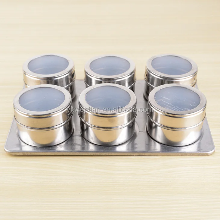 Herb & Spice Tools Spice & Pepper Shakers 6 Pcs Kitchen Stainless Steel Magnetic Spice Jars Storage Tins With Stainless Rack