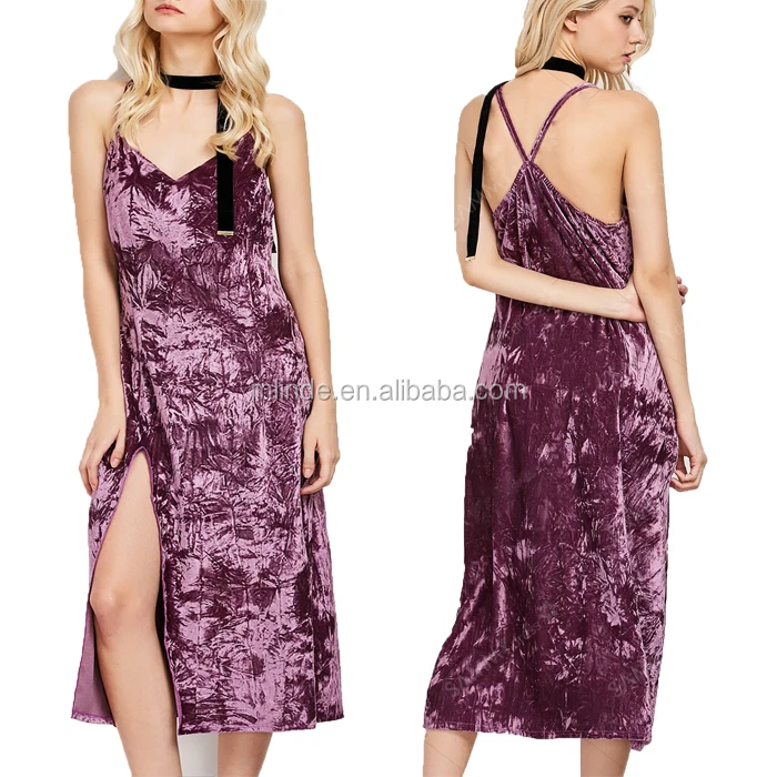 
Mature Young Ladies Fashion New Holiday Beautiful Dress Sexy Side Split Backless Purple Crushed Velvet Dresses Women 