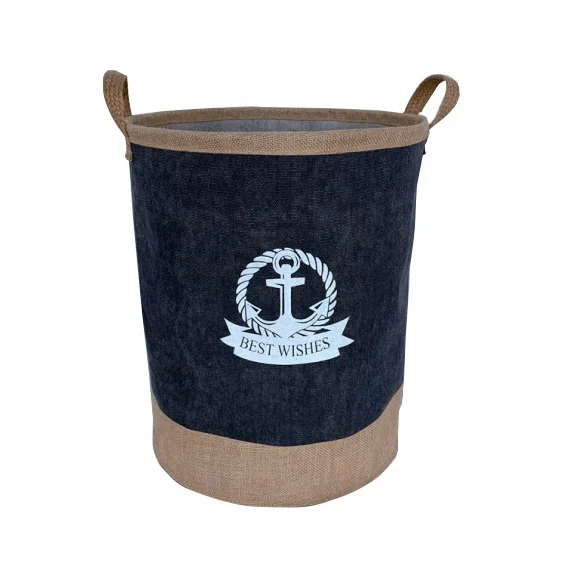 Large Sized Waterproof Coating Canvas Cotton Fabric Folding Laundry Hamper Bucket Cylindric Burlap Canvas Storage Basket