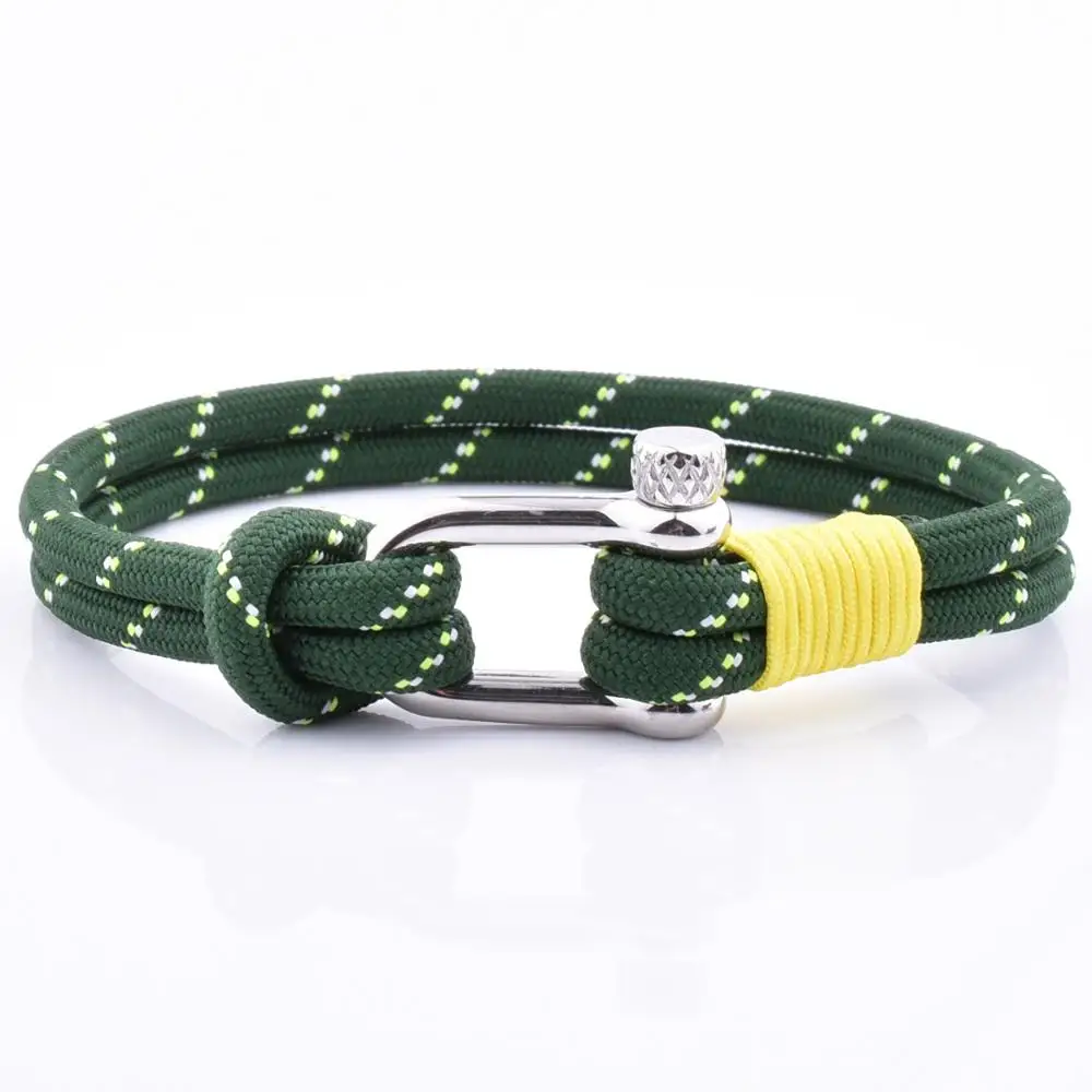 Mens Handmade Jewelry Nylon Rope Cord Stainless Steel Shackle Charm Bracelet Red Cotton Rope Woven Bracelet