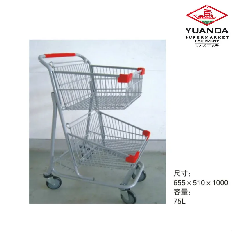 YD-G Germany Style Supermarket Wire Shopping Trolley Smart Cart for Sale with Double Baskets From Suzhou Factory