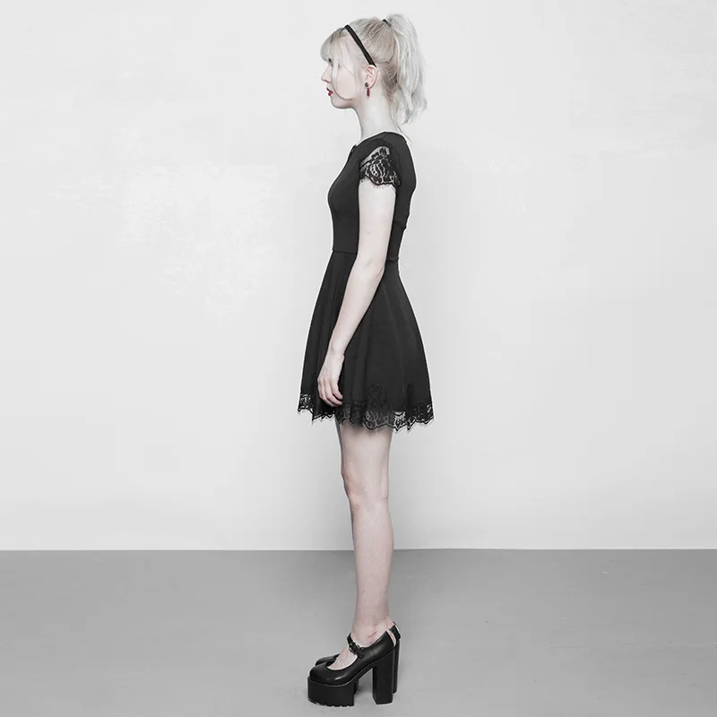 
Goth Women Dress O Neck Short Sleeve Lace Stitching Black Mini Casual Dresses OPQ-349LQF Ladies Clothing New Design PUNK RAVE 