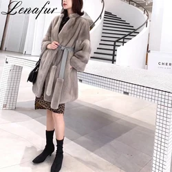 China Factory Wholesale Women Winter Grey Natural Long Luxury High Quality Imported Full Real Mink Fur Jacket Coat with Belt