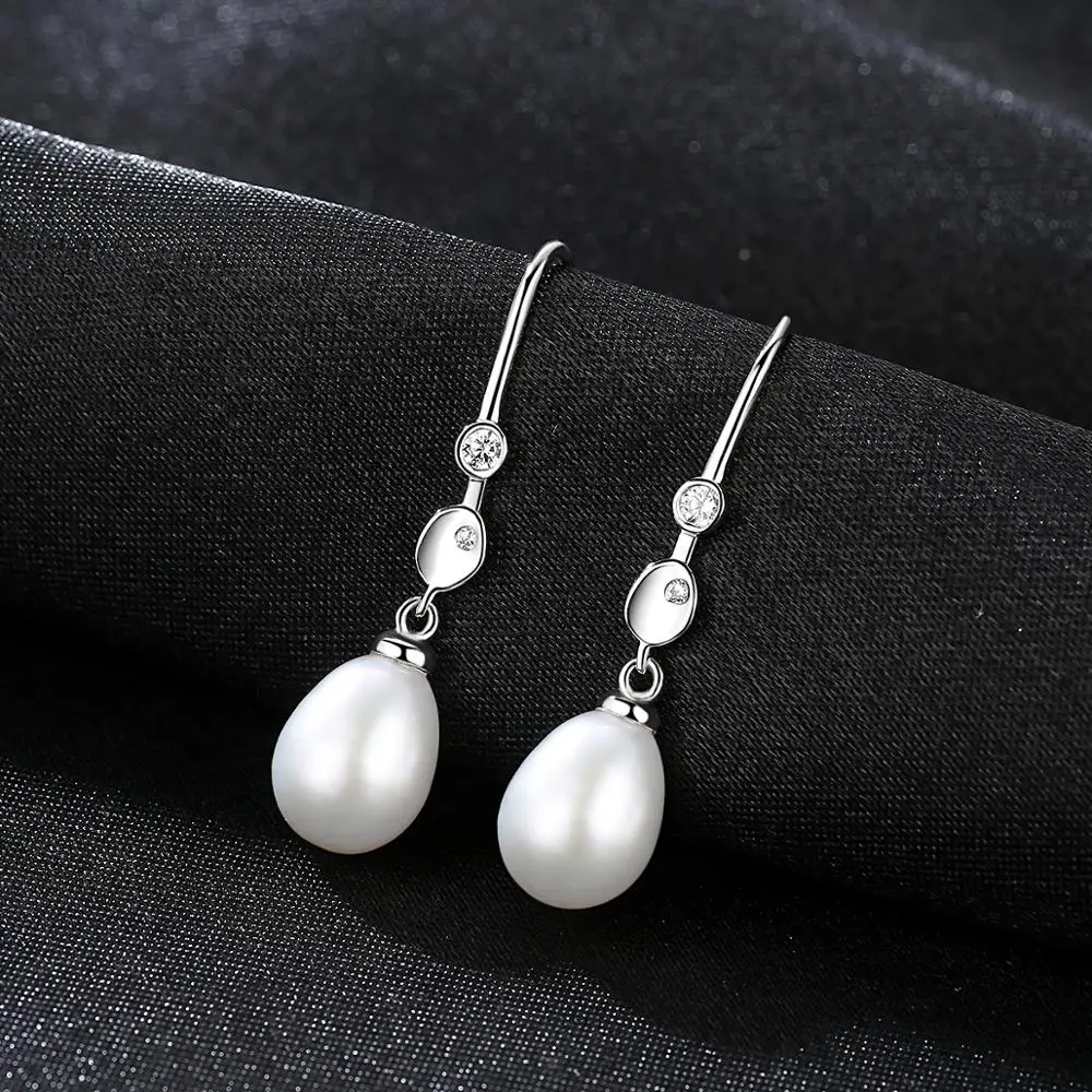 CZCITY Simple Style Pure 925 Sterling Silver Pearl Drop Minimalist Silver Hook Earrings for Women