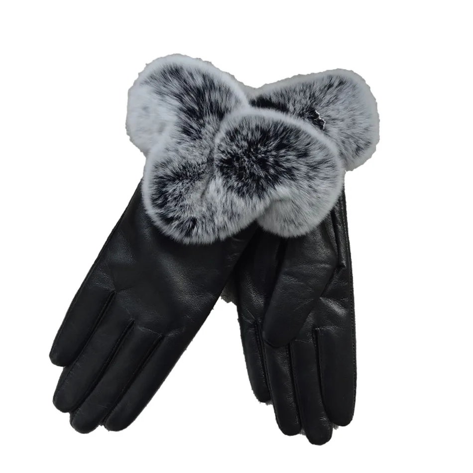 
New Collection Fashion Genuine leather Rex Rabbit Fur Cuff Wool Lined Sheepskin Ladies Dress Gloves 