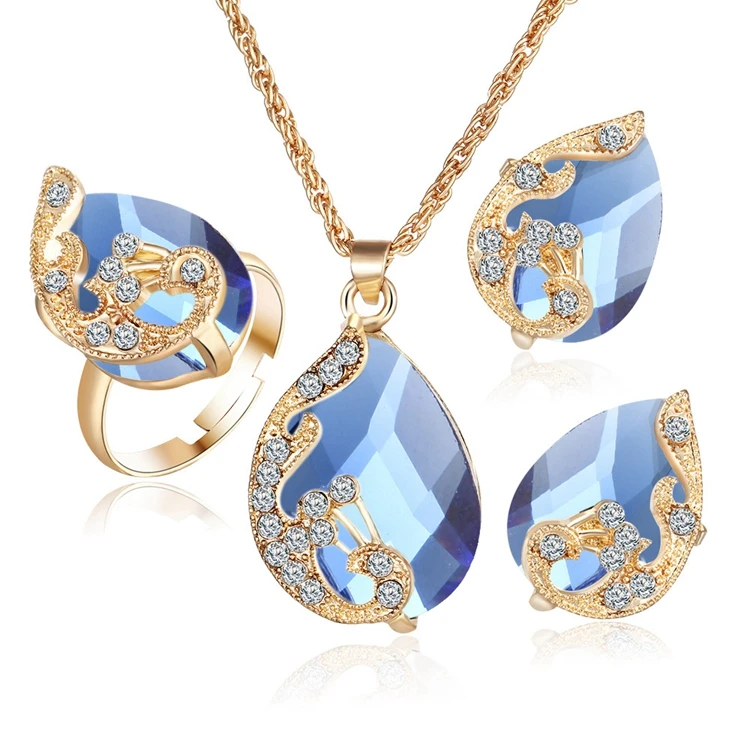 New Model Trendy Gold Tone Teardrop Gemstone Rhinestones Paved Necklace Earrings Ring Costume Jewelry Set