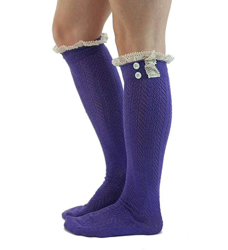 AJ186044 Hot Sale Black Stock Cheap Knitted Ruffles Lace Boot Socks with Buttons