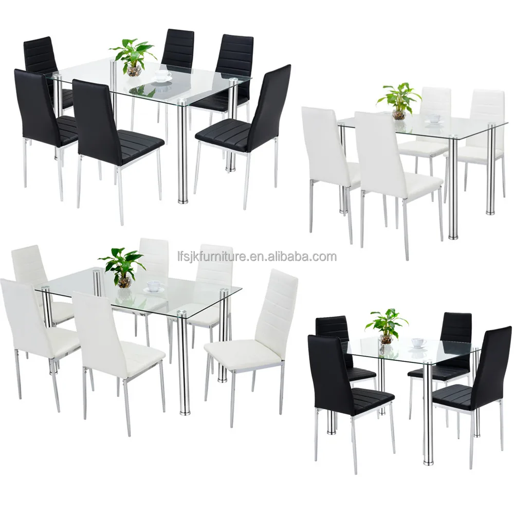 Дешевый набор стеклянных обеденных столов и 4 или 6 стульев из искусственной кожи белого черного цвета