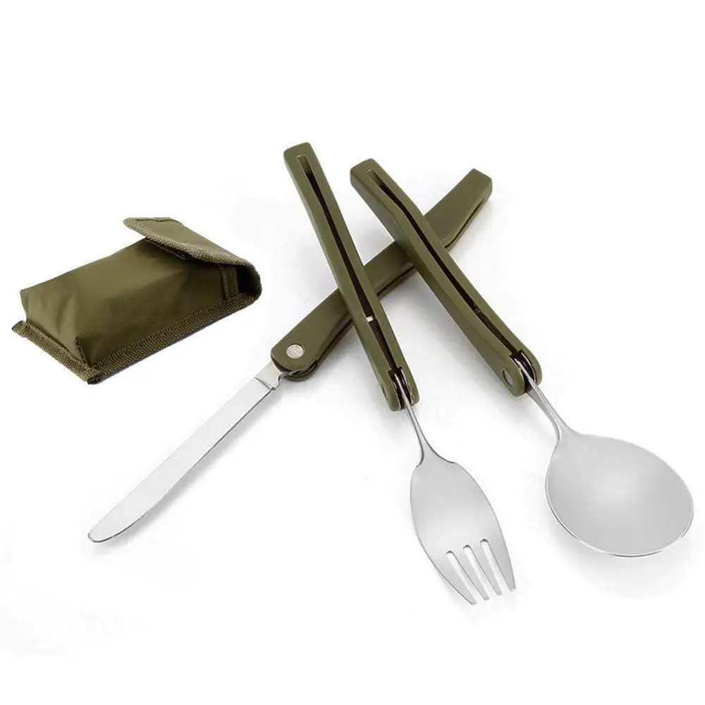 3 Pieces Camping Utensil Portable Stainless Steel folding Spoon Fork Knife Tableware Cutlery Set for Traveling Outdoor