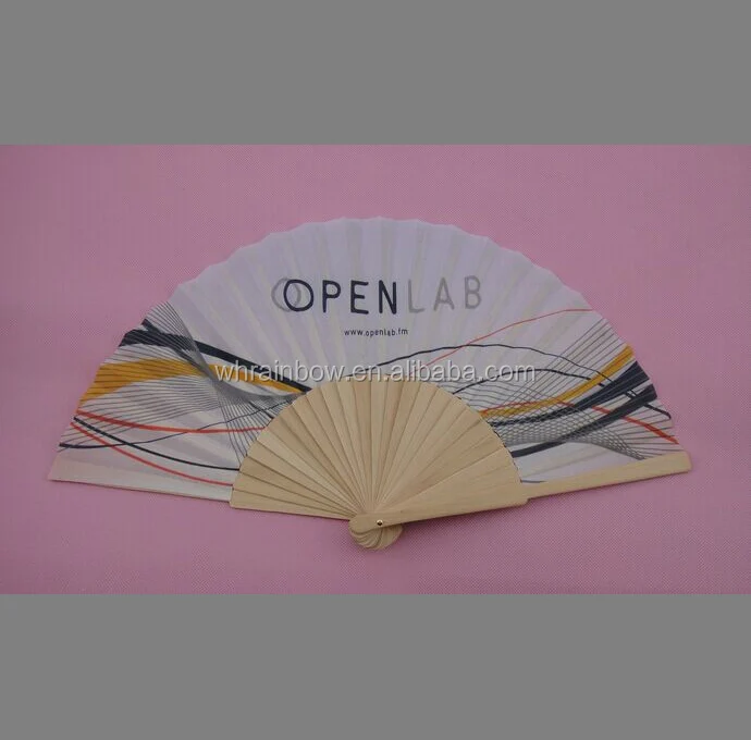 23cm natural wood handle folding fan with full printing fabric