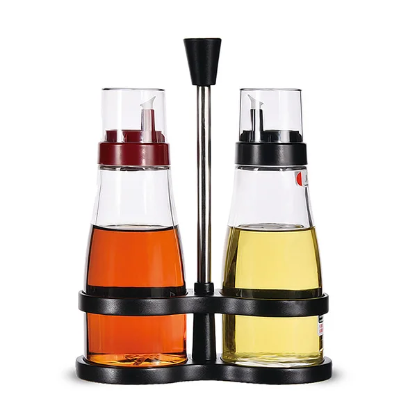 Wholesale hot selling Oil Vinegar Salt Pepper Cruet Bottle with Stainless Steel Coat Shelf Condiment Set