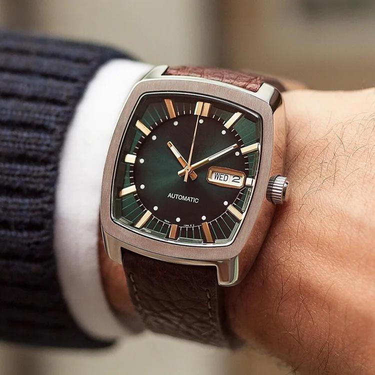 Модные украшения день/Дата Механические Обреченный стекло телячьей кожи ремень квадратный нержавеющая сталь часы для мужчин