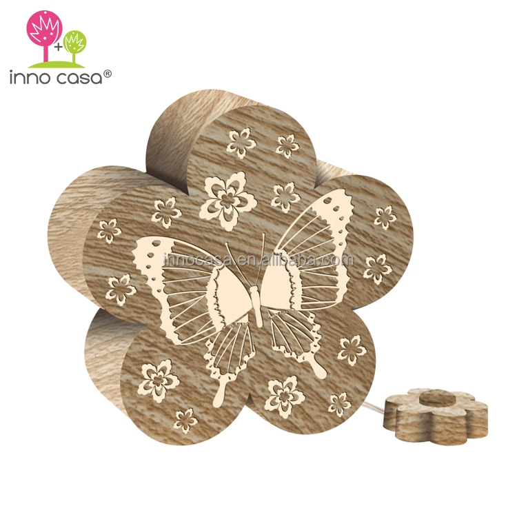 OEM Flower Shape Butterfly Printed Wood Pattern LED Ding Dong Door Use Wired Fancy Lighted Up Doorbell for Kids Room Decoration