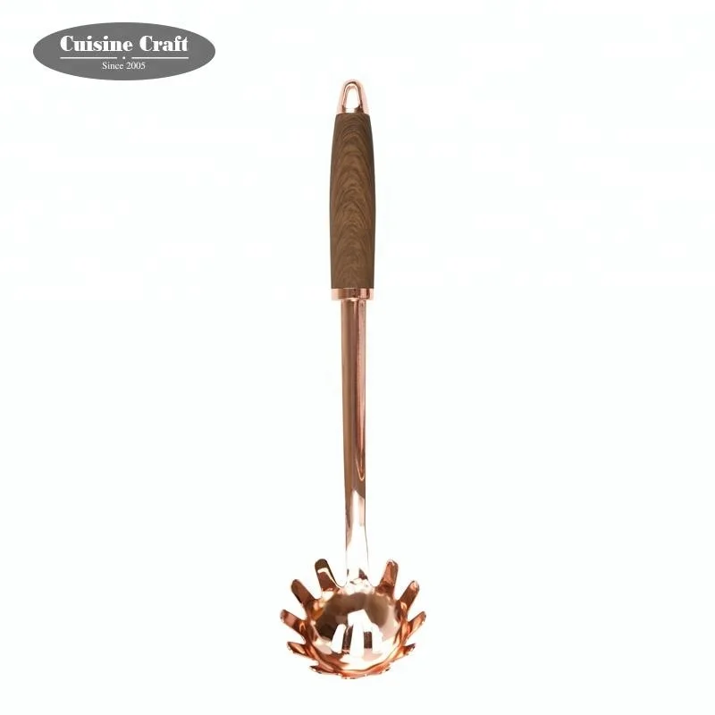 Wholesale kitchen utensil cooking set Stainless steel copper plated spaghetti server with faux wood handle