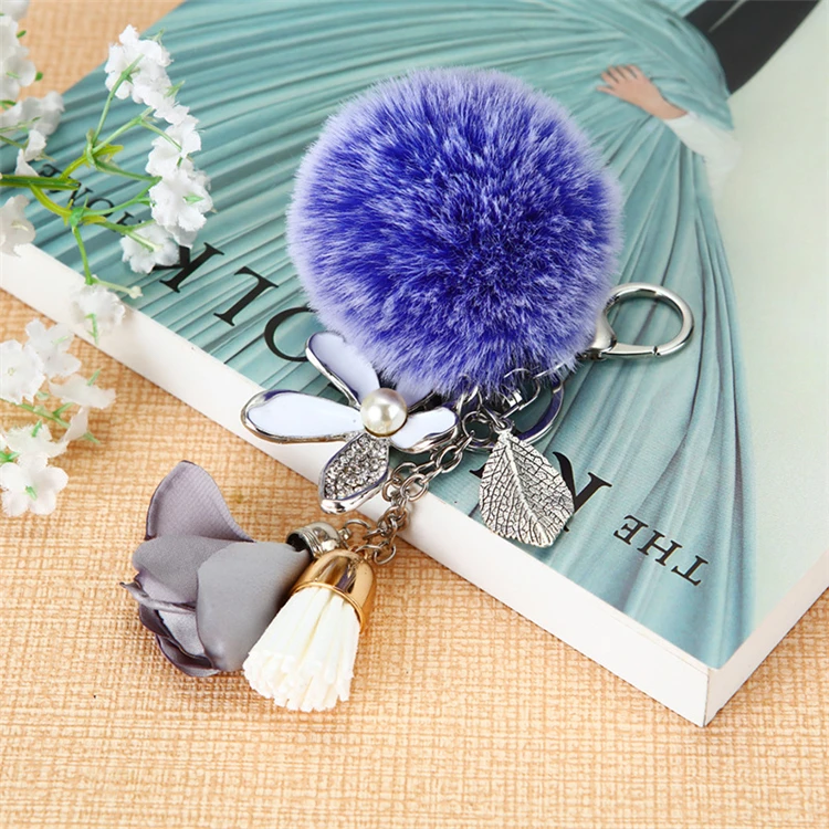 Korean Style Lovely Crystal Rhinestone Flower Bag Charm Fur Ball Keyring Fluffy pom pom Fur Ball Pendant Keychain