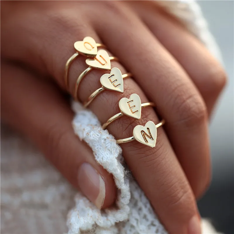 
Simple Hand Stamped Stacking Monogram Ring Initial Heart Drop Engraved Letter Gold Color Ring Gift for Women Jewelry 