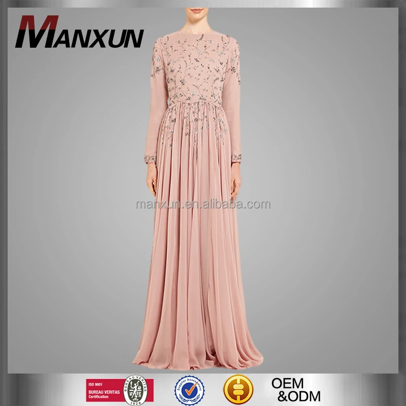 Ladies Dusty Pink And Silver Maxi Dress Women Soft Crepe Long Sleeves Bridesmaid Prom Dress