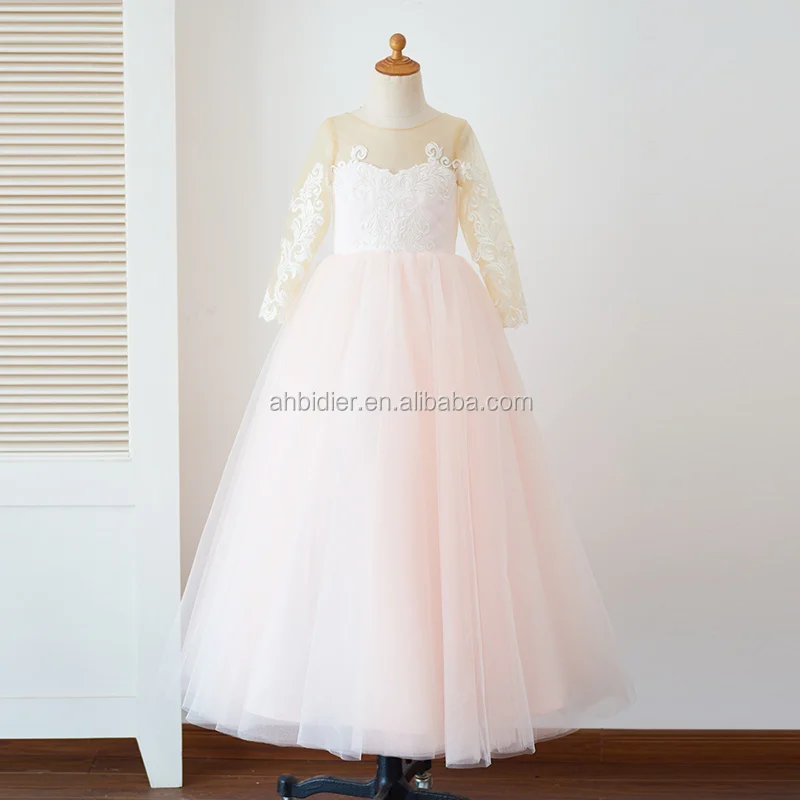 Long Sleeves Lace Pink Tulle Wedding Flower Girl Dress Ball Gown Princess Birthday Party Dress