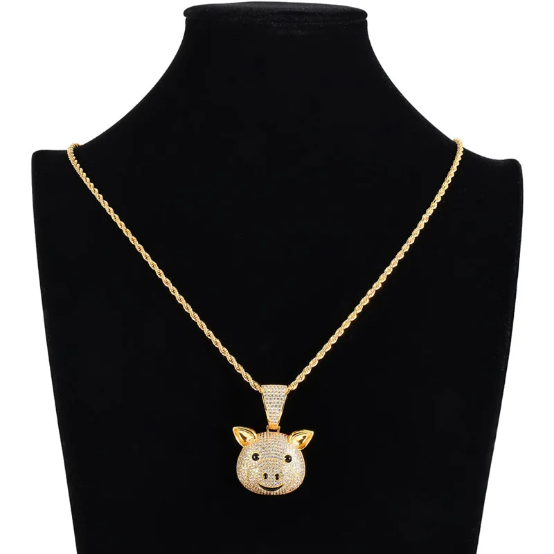 New Arrived Micro Paved Zircon Gold Plated Animal Pig Pendant Necklace Men HipHop Jewelry