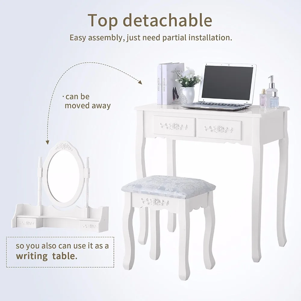 Luxury White Dressing Table With Mirror and Stool, vanity table Set 4 Drawers Bedroom Dresser