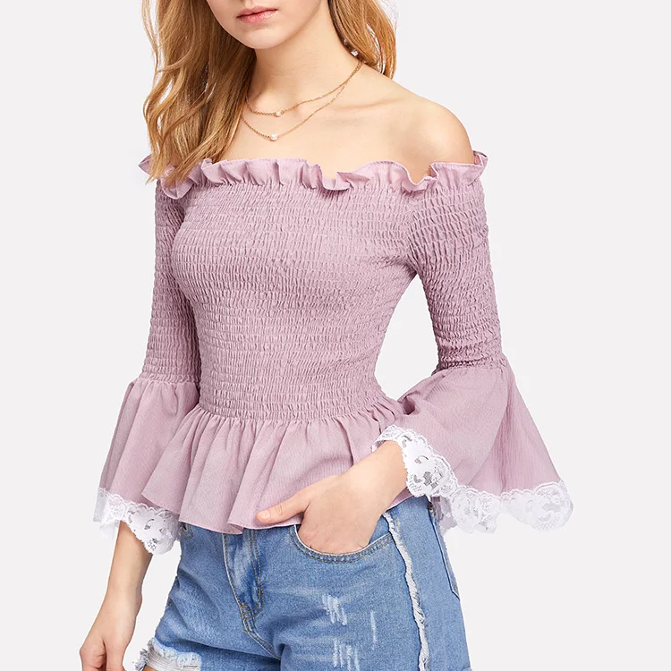
Fluted Sleeve Ruffle Hem Fashion Casual Designs Korean Style Women Clothes 