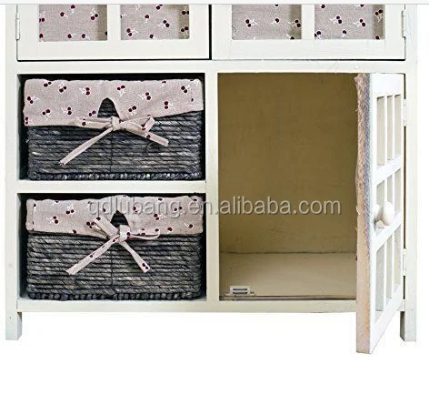 Wooden Storage Cabinet Beige Wicker Sideboard Drawers Cupboard Vintage Furniture