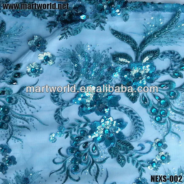 Handmake embroidery designs blue rhinestone sequin flower embroidery fabric(NEXS-002)