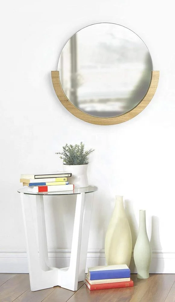 Natural  Circular Mirror with Wood Frame on the Bottom Half